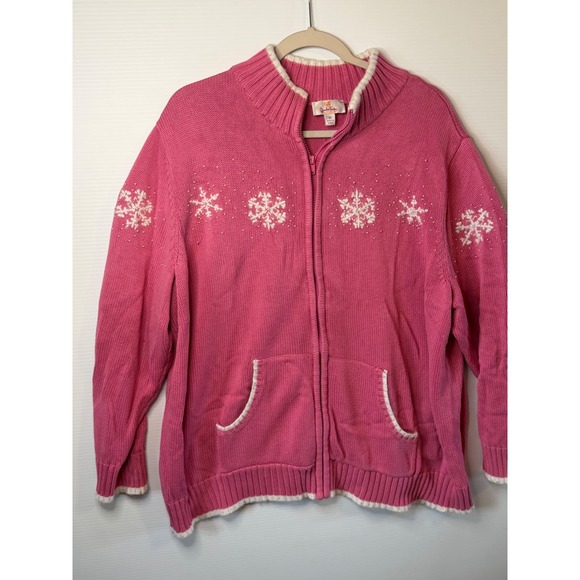 VTG Quacker Factory Zip Cardigan Pink Snowflake Grandmacore Bead Cotton 2X Women - Picture 10 of 12
